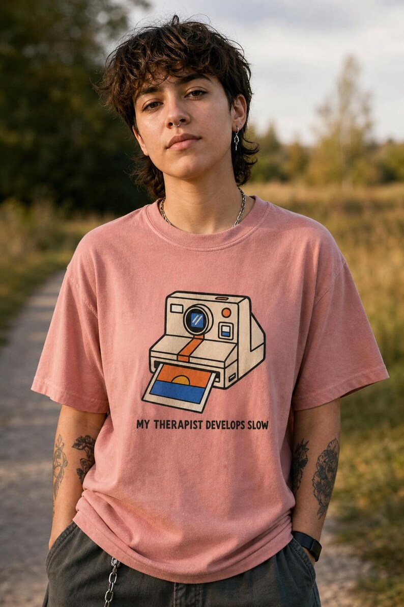 Retro Polaroid Camera T-Shirt, My Therapist Develops Slow, Vintage Instant Photo Tee, Film Photography Graphic Tee, Sunset Print image 3
