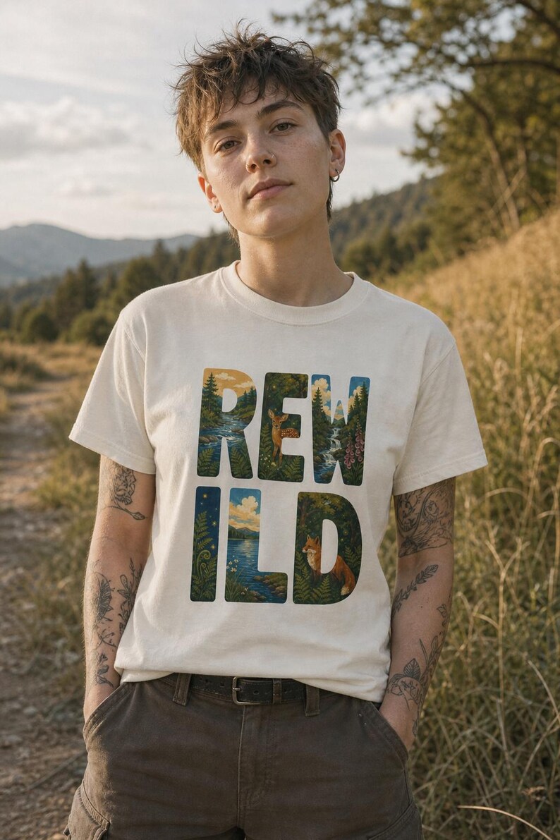 Camiseta con escena de naturaleza salvaje, camiseta con letras ilustradas con ciervo, zorro, bosque y río, camiseta de senderismo estilo cottagecore. imagen 2