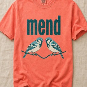Mend Two Birds T-Shirt Sparrows on a Wire Screenprint Style Tee Quiet Repair Mutual Aid Cottagecore Bird Lover Graphic Tee Bild 10
