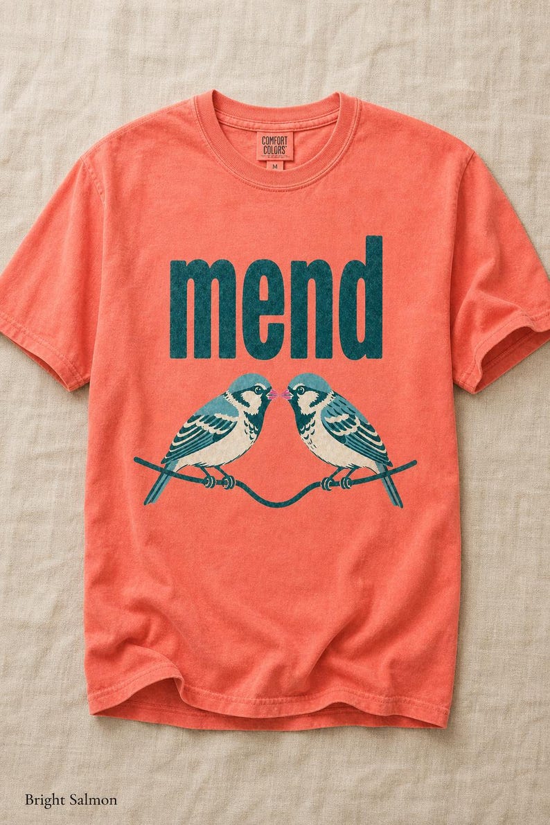 Mend Two Birds T-Shirt Sparrows on a Wire Screenprint Style Tee Quiet Repair Mutual Aid Cottagecore Bird Lover Graphic Tee Bild 10