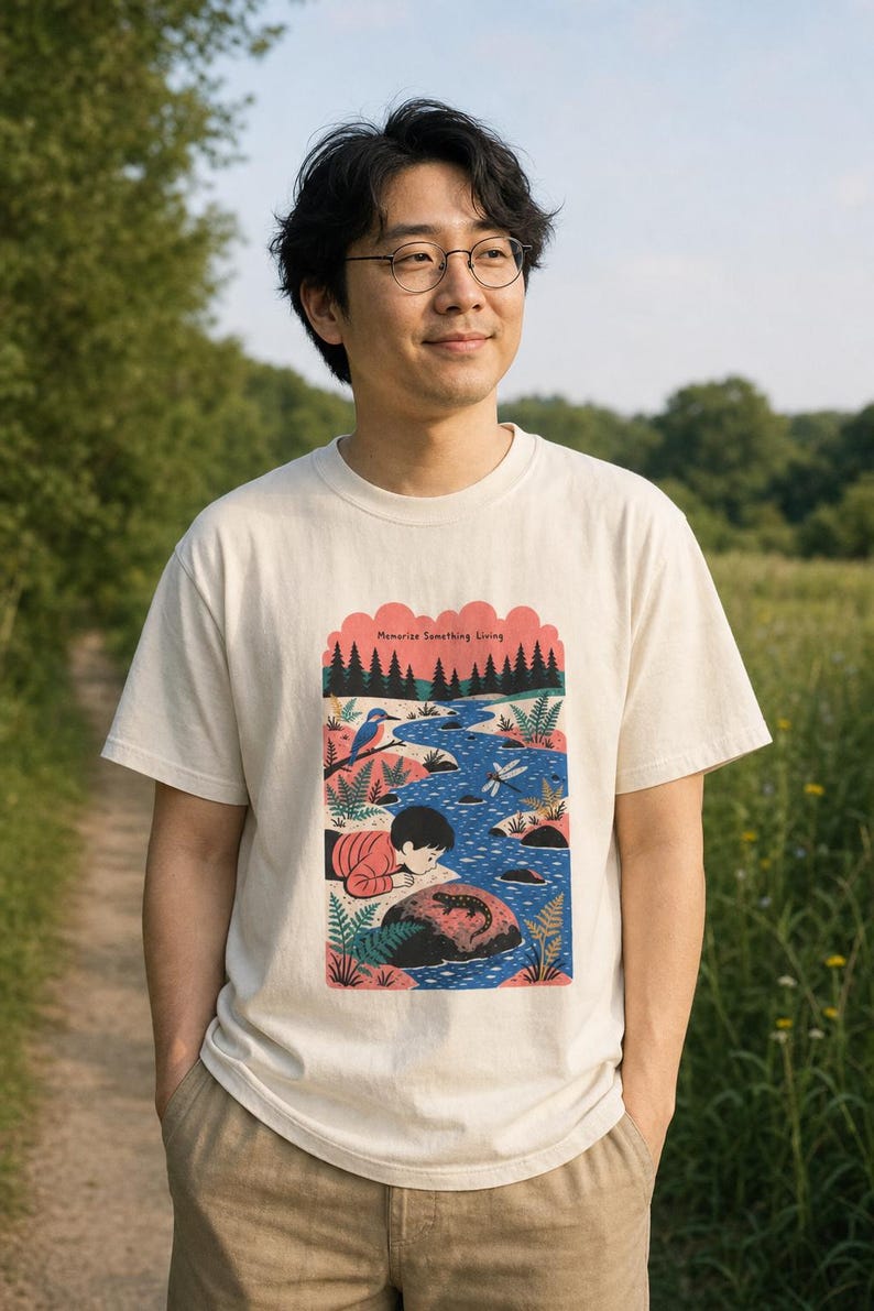 Memorize Something Living T-Shirt, Folk Illustration Tee with Child and Salamander at the Creek, Nature Lover Gift Bild 2