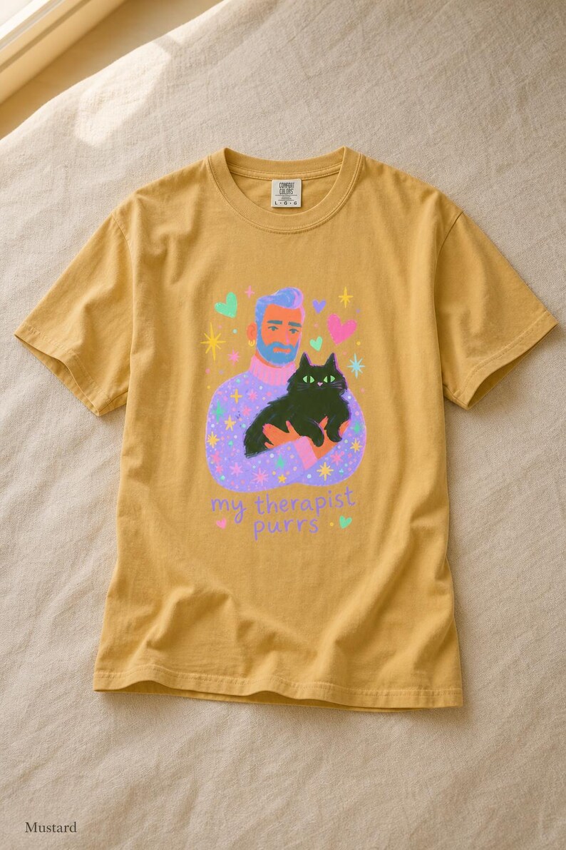 My Therapist Purrs T-Shirt, Bearded Man Holding Black Cat Tee, Cat Lover Gouache Illustration, Mental Health Cat Mom Dad Shirt imagem 12