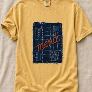 Mend Sashiko Boro Patch T-Shirt Visible Mending Embroidered Denim Look Slow Stitch Repair Graphic Tee Mutual Aid Gift image 12