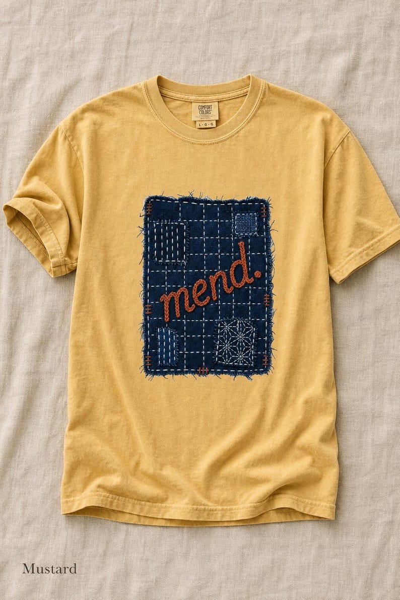 Mend Sashiko Boro Patch T-Shirt Visible Mending Embroidered Denim Look Slow Stitch Repair Graphic Tee Mutual Aid Gift image 12