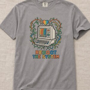 Reboot The System T-Shirt, Retro Computer with Vines and Rainbow Heart Tee, Vintage PC Graphic Cottagecore Tech Shirt image 13