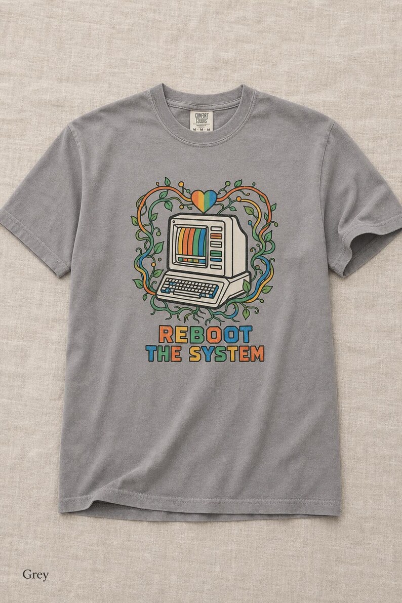 Reboot The System T-Shirt, Retro Computer with Vines and Rainbow Heart Tee, Vintage PC Graphic Cottagecore Tech Shirt image 13