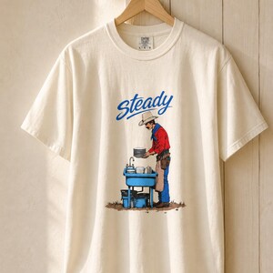 Steady Cowboy Washing Dishes T-Shirt, Mustached Ranch Hand at Blue Sink Graphic Tee, Quiet Work Western Shirt image 7