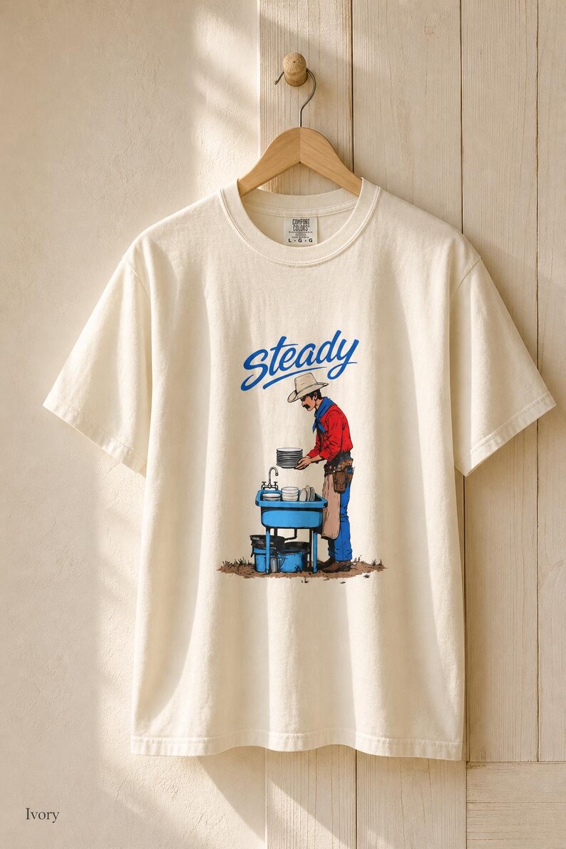 Steady Cowboy Washing Dishes T-Shirt, Mustached Ranch Hand at Blue Sink Graphic Tee, Quiet Work Western Shirt image 7