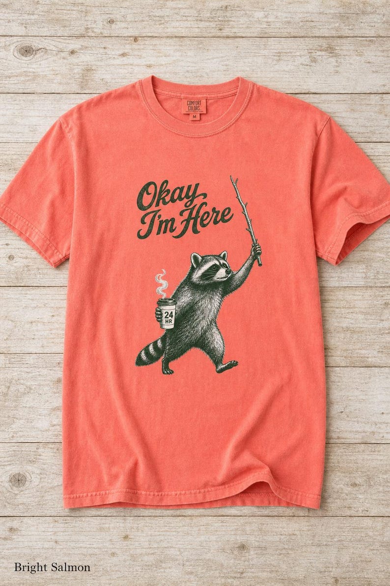 Okay I'm Here Raccoon T-Shirt, Stipple Raccoon with Coffee and Stick Graphic Tee, 24 Hour Gas Station Goblincore Shirt image 10