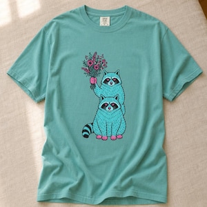 Two Raccoons Holding Wildflowers T-Shirt, Teal and Pink Riso Style Raccoon Tee, Cottagecore Animal Graphic Shirt, Soft Protest Gift image 9