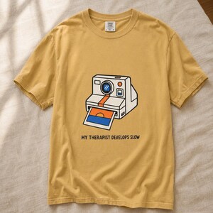 Retro Polaroid Camera T-Shirt, My Therapist Develops Slow, Vintage Instant Photo Tee, Film Photography Graphic Tee, Sunset Print image 1