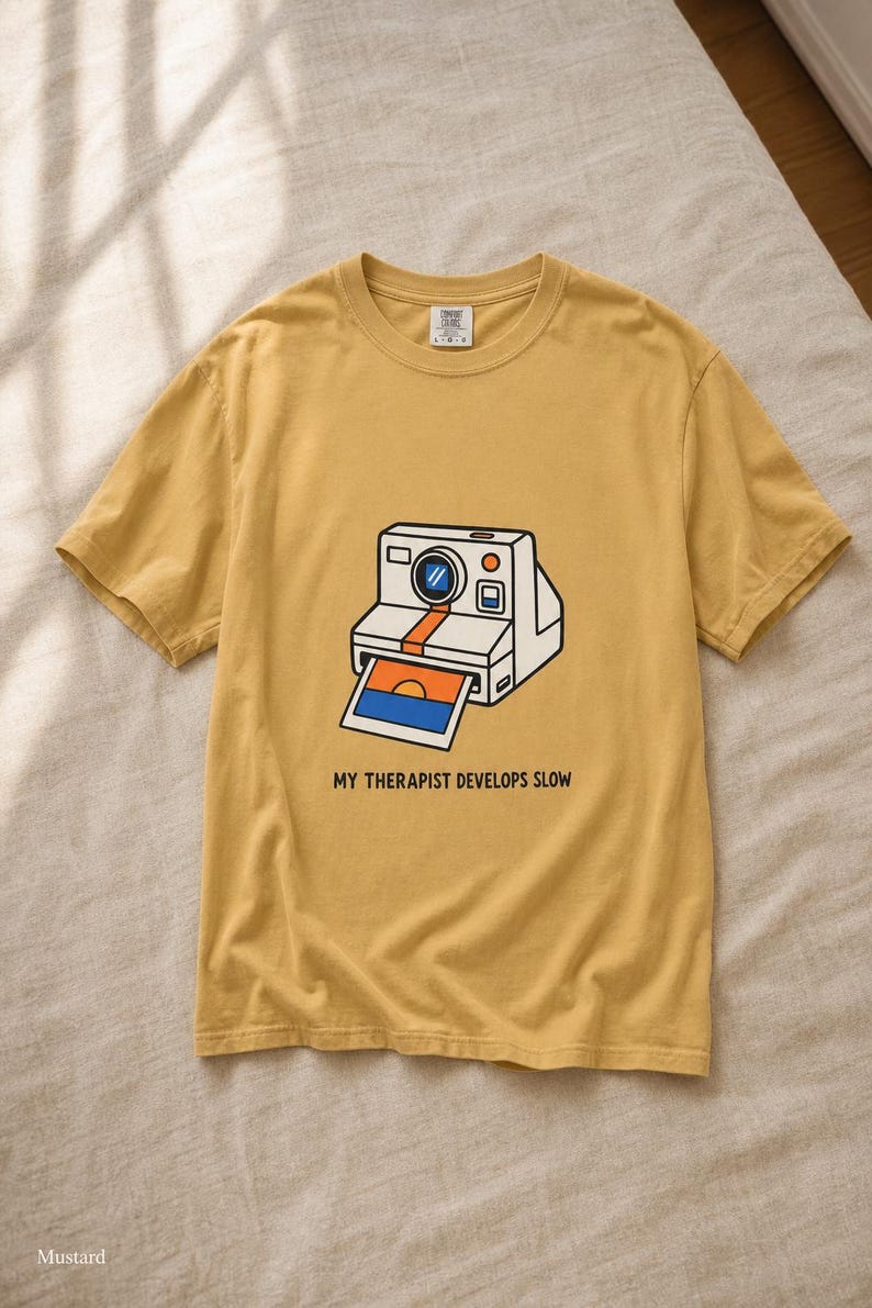 Retro Polaroid Camera T-Shirt, My Therapist Develops Slow, Vintage Instant Photo Tee, Film Photography Graphic Tee, Sunset Print image 1