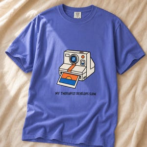 Retro Polaroid Camera T-Shirt, My Therapist Develops Slow, Vintage Instant Photo Tee, Film Photography Graphic Tee, Sunset Print image 15