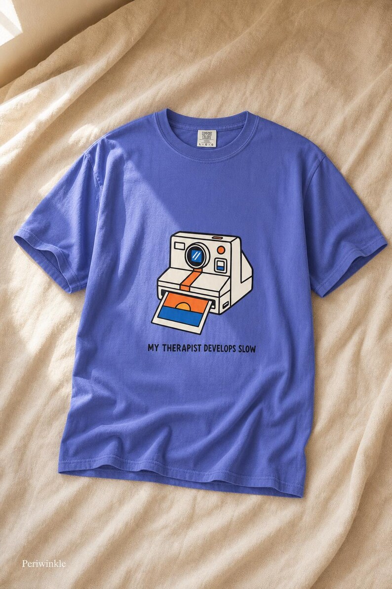Retro Polaroid Camera T-Shirt, My Therapist Develops Slow, Vintage Instant Photo Tee, Film Photography Graphic Tee, Sunset Print image 15