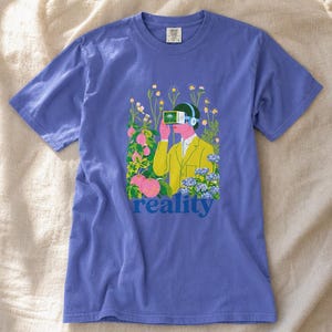 Reality VR Headset Garden T-Shirt Person in Yellow Jacket Among Daisies Hydrangeas and Peaches Botanical Graphic Tee image 16