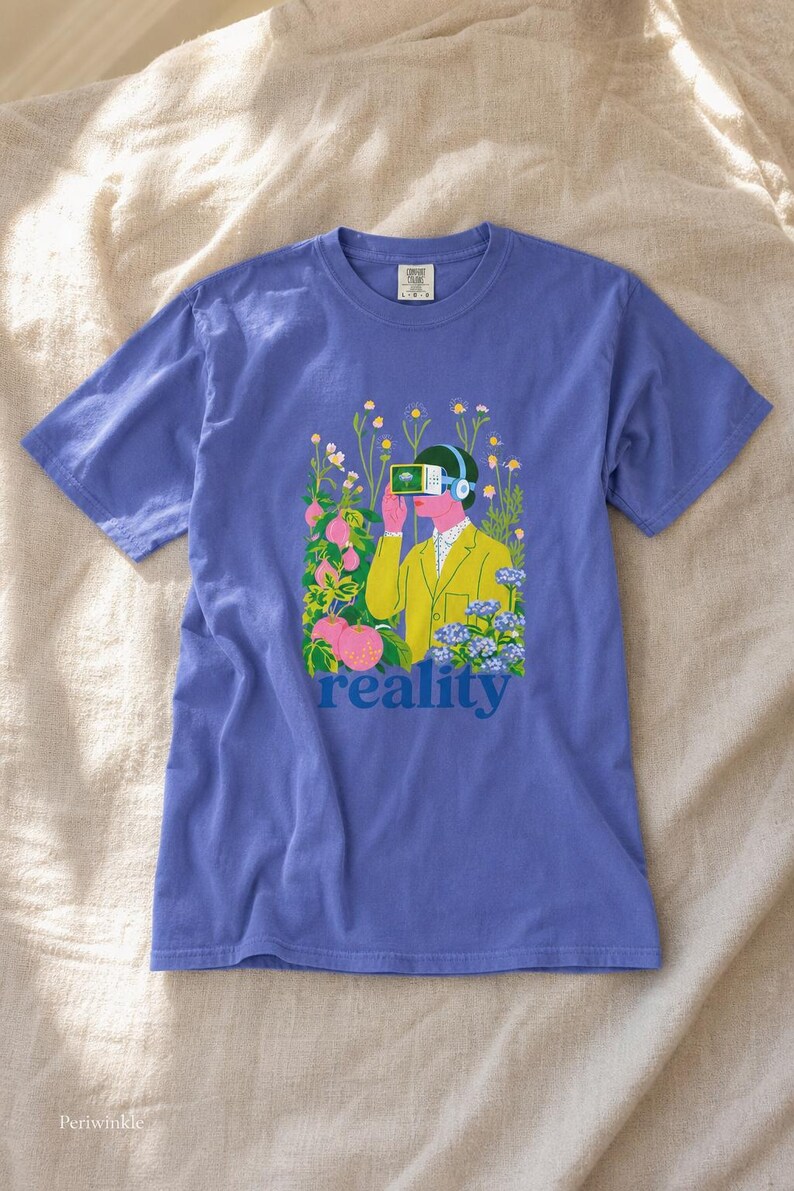 Reality VR Headset Garden T-Shirt Person in Yellow Jacket Among Daisies Hydrangeas and Peaches Botanical Graphic Tee image 16