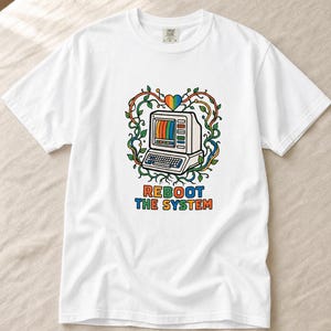 Reboot The System T-Shirt, Retro Computer with Vines and Rainbow Heart Tee, Vintage PC Graphic Cottagecore Tech Shirt image 4