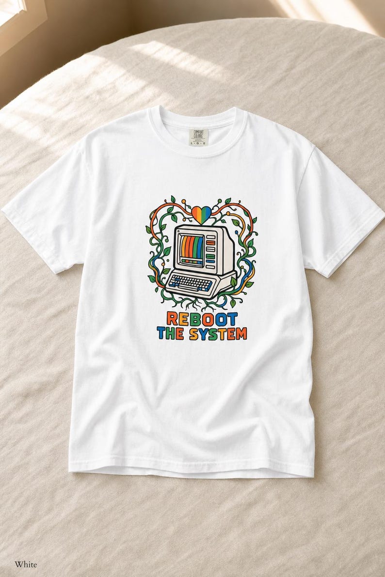 Reboot The System T-Shirt, Retro Computer with Vines and Rainbow Heart Tee, Vintage PC Graphic Cottagecore Tech Shirt image 4