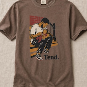 Tend Father and Baby Brownstone Stoop T-Shirt Bold Comic Illustration Fatherhood Graphic Tee Black Dad Gift 画像 1