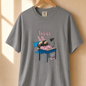 Busy Bee at Desk T-Shirt, Bumblebee Studying Illustration Tee, Bookish Cottagecore Graphic Shirt, Hard Worker Gift image 13