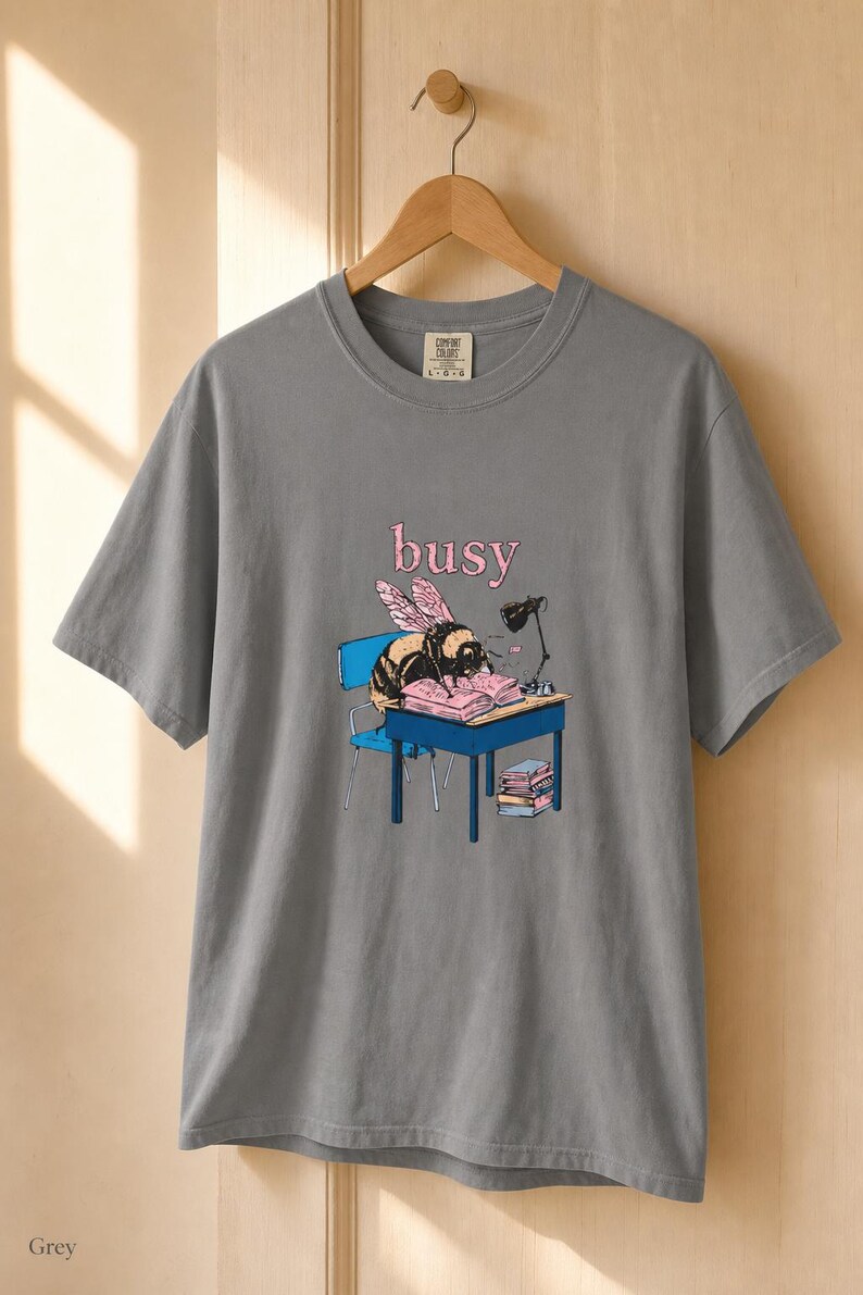 Busy Bee at Desk T-Shirt, Bumblebee Studying Illustration Tee, Bookish Cottagecore Graphic Shirt, Hard Worker Gift image 13