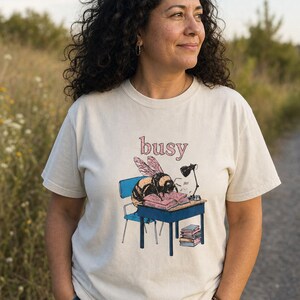 Busy Bee at Desk T-Shirt, Bumblebee Studying Illustration Tee, Bookish Cottagecore Graphic Shirt, Hard Worker Gift image 2