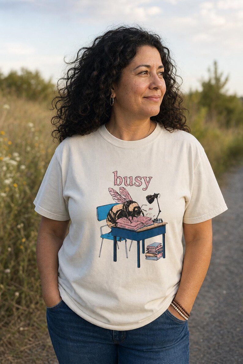 Busy Bee at Desk T-Shirt, Bumblebee Studying Illustration Tee, Bookish Cottagecore Graphic Shirt, Hard Worker Gift image 2