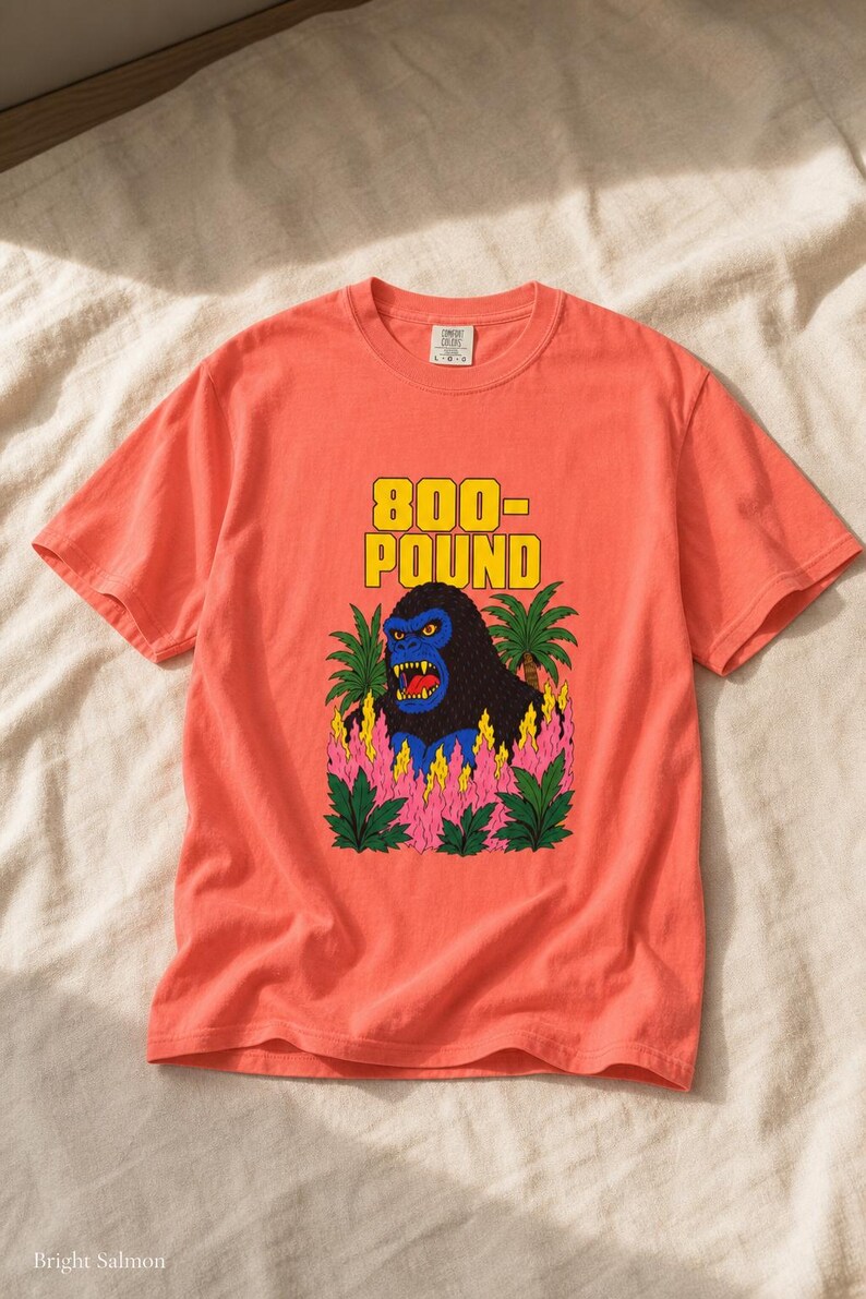 800-Pound Gorilla T-Shirt Pulp Poster Kaiju Tee Bold Flat Color Screenprint Style Roaring Ape Palm Trees Graphic Tee image 11