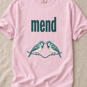 Mend Two Birds T-Shirt Sparrows on a Wire Screenprint Style Tee Quiet Repair Mutual Aid Cottagecore Bird Lover Graphic Tee Bild 8