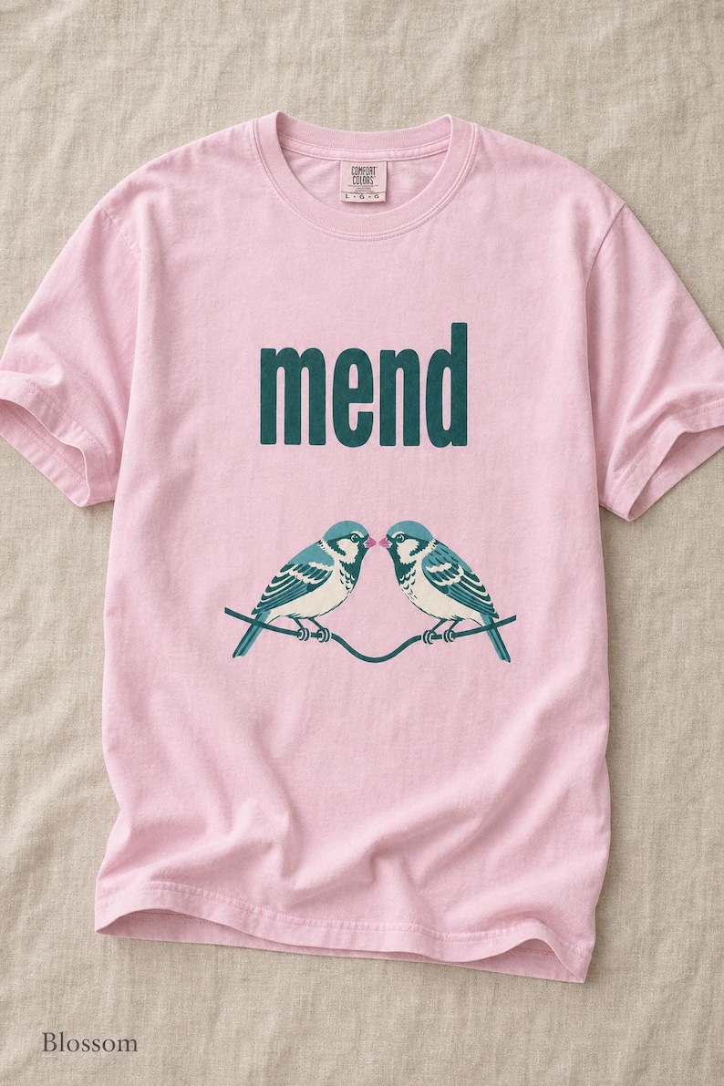 Mend Two Birds T-Shirt Sparrows on a Wire Screenprint Style Tee Quiet Repair Mutual Aid Cottagecore Bird Lover Graphic Tee Bild 8