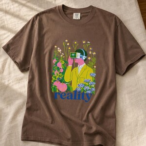 Reality VR Headset Garden T-Shirt Person in Yellow Jacket Among Daisies Hydrangeas and Peaches Botanical Graphic Tee image 17