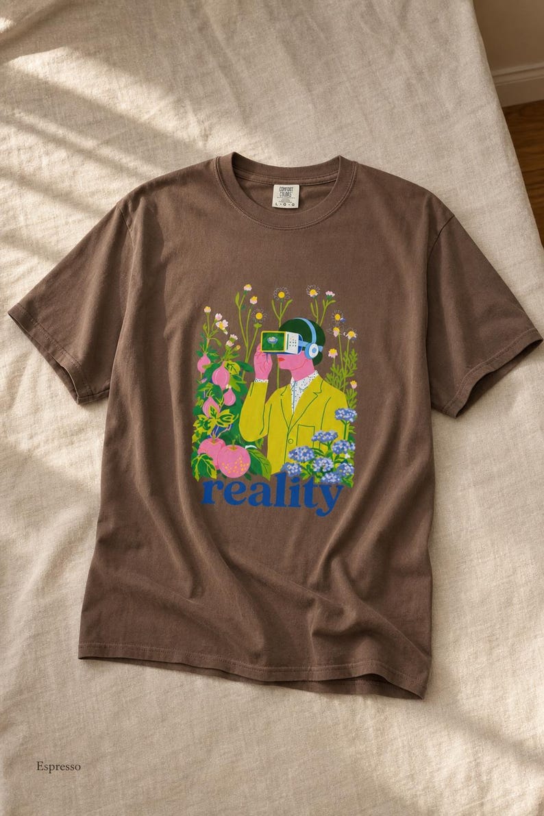 Reality VR Headset Garden T-Shirt Person in Yellow Jacket Among Daisies Hydrangeas and Peaches Botanical Graphic Tee image 17
