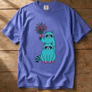 Two Raccoons Holding Wildflowers T-Shirt, Teal and Pink Riso Style Raccoon Tee, Cottagecore Animal Graphic Shirt, Soft Protest Gift image 16