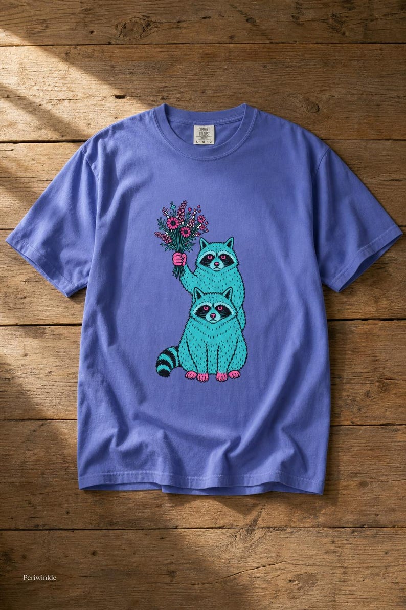 Two Raccoons Holding Wildflowers T-Shirt, Teal and Pink Riso Style Raccoon Tee, Cottagecore Animal Graphic Shirt, Soft Protest Gift image 16