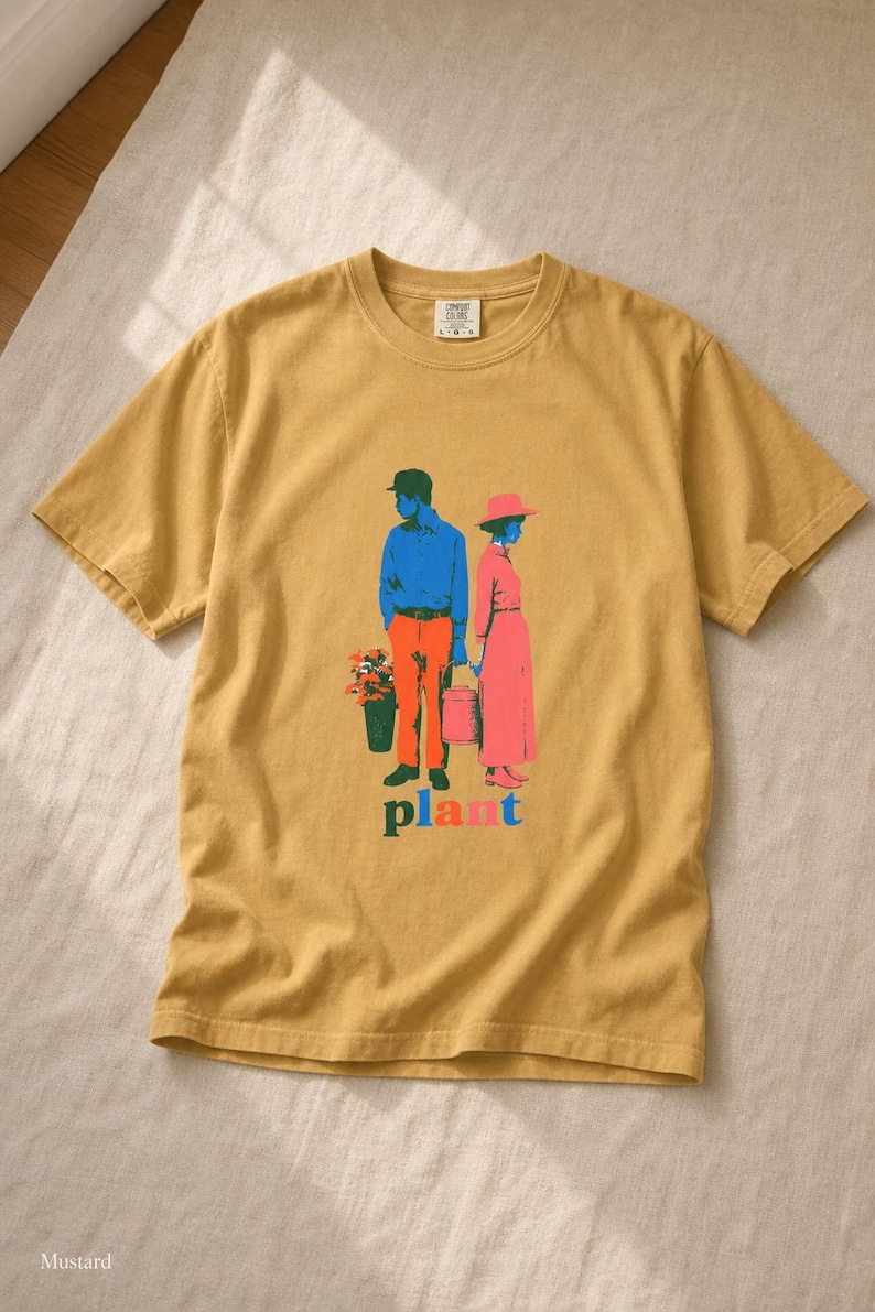 Plant Couple T-Shirt, Retro Screenprint Style Tee with Gardeners Holding Flowers and Watering Can, Cottage Garden Graphic Tee image 10