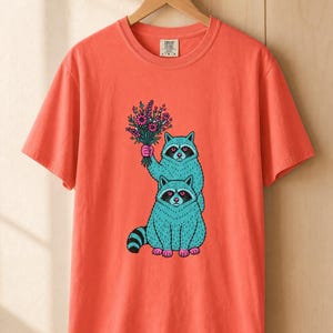 Two Raccoons Holding Wildflowers T-Shirt, Teal and Pink Riso Style Raccoon Tee, Cottagecore Animal Graphic Shirt, Soft Protest Gift image 10
