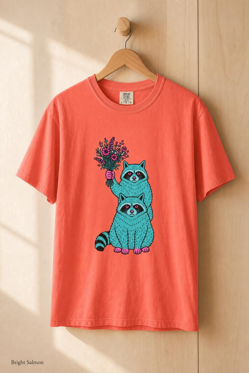 Two Raccoons Holding Wildflowers T-Shirt, Teal and Pink Riso Style Raccoon Tee, Cottagecore Animal Graphic Shirt, Soft Protest Gift image 10