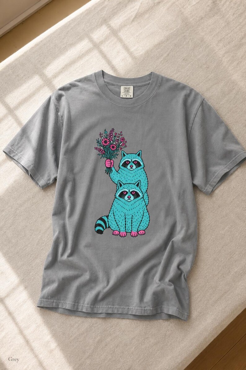 Two Raccoons Holding Wildflowers T-Shirt, Teal and Pink Riso Style Raccoon Tee, Cottagecore Animal Graphic Shirt, Soft Protest Gift image 13