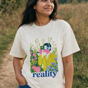 Reality VR Headset Garden T-Shirt Person in Yellow Jacket Among Daisies Hydrangeas and Peaches Botanical Graphic Tee image 2