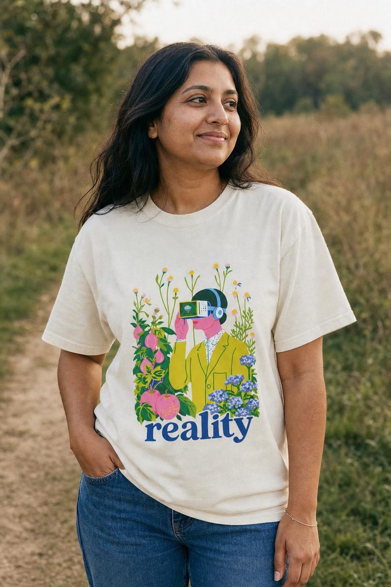 Reality VR Headset Garden T-Shirt Person in Yellow Jacket Among Daisies Hydrangeas and Peaches Botanical Graphic Tee image 2