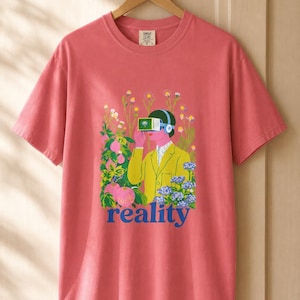 Reality VR Headset Garden T-Shirt Person in Yellow Jacket Among Daisies Hydrangeas and Peaches Botanical Graphic Tee image 15