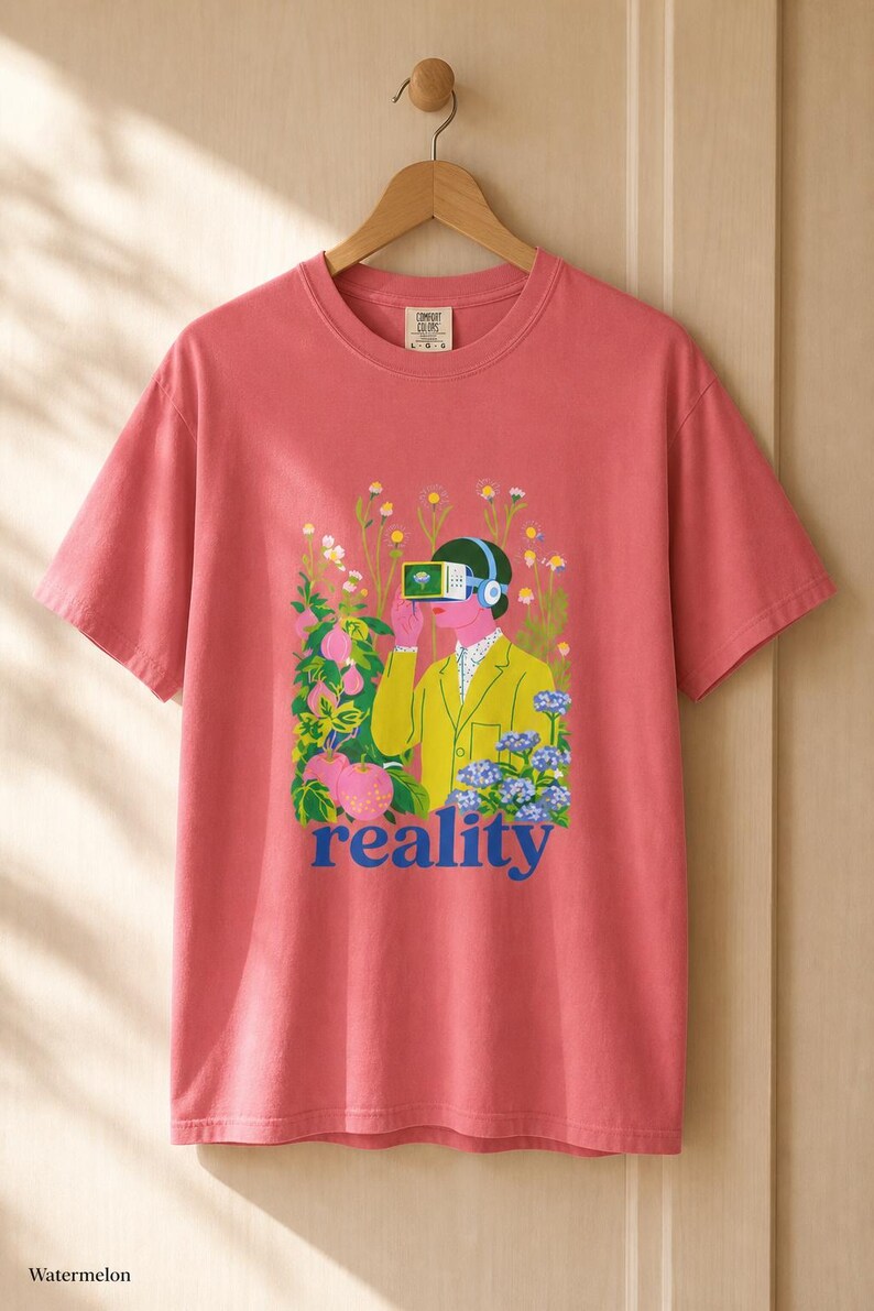 Reality VR Headset Garden T-Shirt Person in Yellow Jacket Among Daisies Hydrangeas and Peaches Botanical Graphic Tee image 15