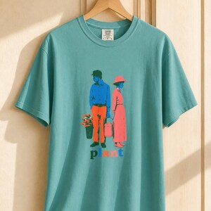 Plant Couple T-Shirt, Retro Screenprint Style Tee with Gardeners Holding Flowers and Watering Can, Cottage Garden Graphic Tee image 9
