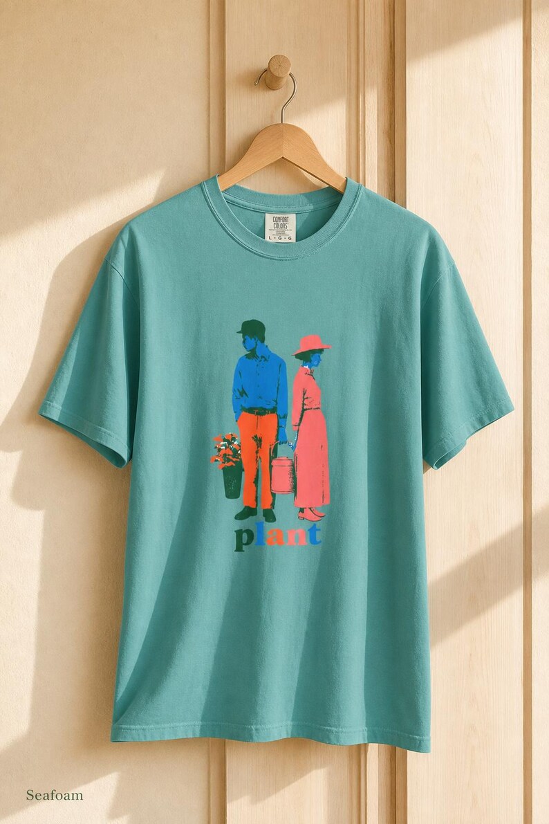 Plant Couple T-Shirt, Retro Screenprint Style Tee with Gardeners Holding Flowers and Watering Can, Cottage Garden Graphic Tee image 9