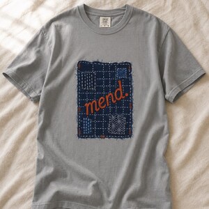 Mend Sashiko Boro Patch T-Shirt Visible Mending Embroidered Denim Look Slow Stitch Repair Graphic Tee Mutual Aid Gift image 13