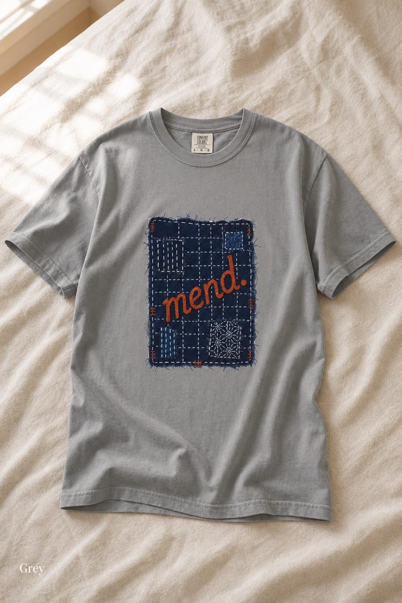 Mend Sashiko Boro Patch T-Shirt Visible Mending Embroidered Denim Look Slow Stitch Repair Graphic Tee Mutual Aid Gift image 13