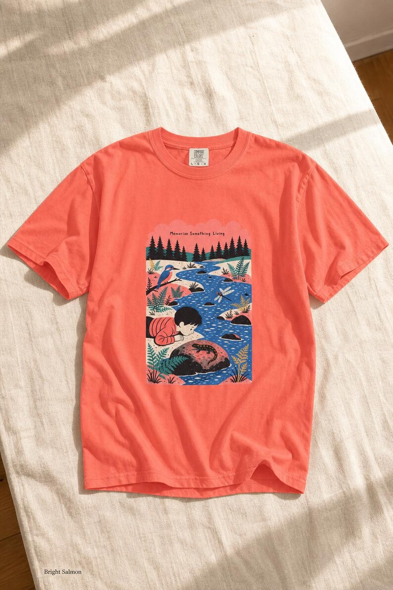 Memorize Something Living T-Shirt, Folk Illustration Tee with Child and Salamander at the Creek, Nature Lover Gift Bild 11