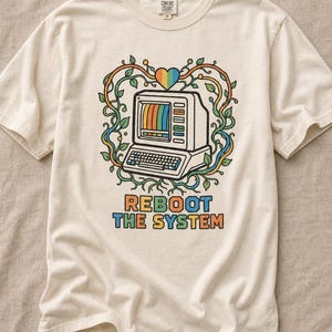 Reboot The System T-Shirt, Retro Computer with Vines and Rainbow Heart Tee, Vintage PC Graphic Cottagecore Tech Shirt image 7