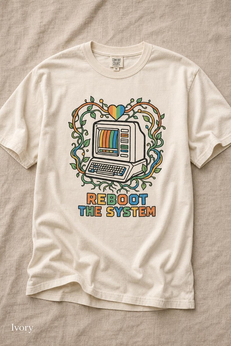 Reboot The System T-Shirt, Retro Computer with Vines and Rainbow Heart Tee, Vintage PC Graphic Cottagecore Tech Shirt image 7