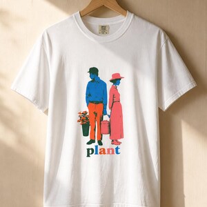 Plant Couple T-Shirt, Retro Screenprint Style Tee with Gardeners Holding Flowers and Watering Can, Cottage Garden Graphic Tee image 4